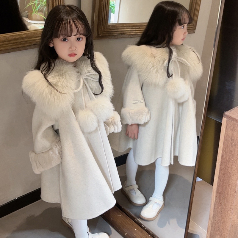 现货壹妈童装女童冬季高级感狐狸毛呢大衣儿童洋气加厚毛呢外套