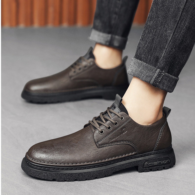 西部公羊四季百搭爆款软底手工低帮新款黑色休闲皮鞋德比鞋男秋冬