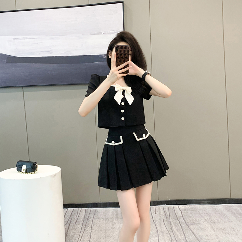 黑色小香风蝴蝶结短外套夏季新款高腰显瘦半身裙女气质高级感套装