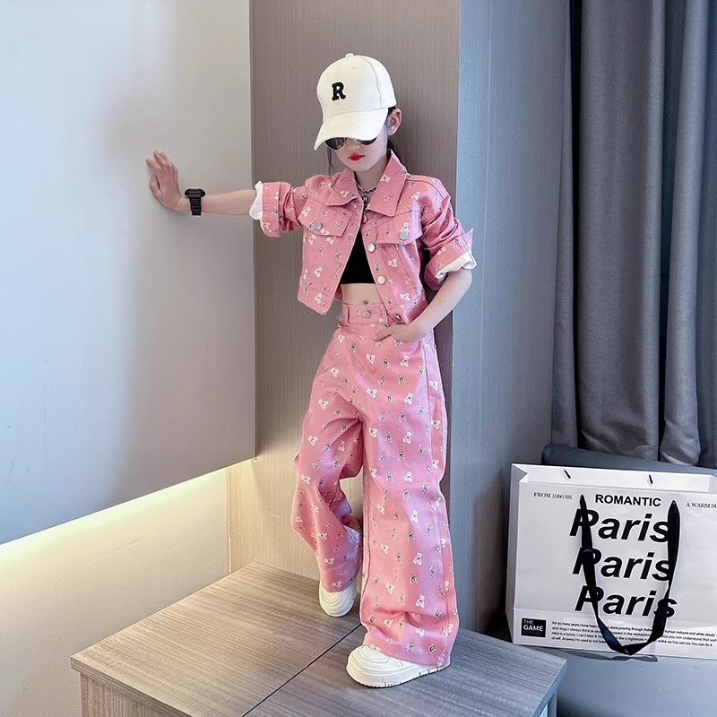 女童春秋牛仔套装2025新款洋气大童韩版秋装儿童休闲阔腿裤两件套