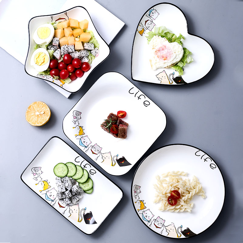 可爱猫咪 卡通餐盘 圆盘四方盘长方盘心形盘五星盘菜盘子【5个装】