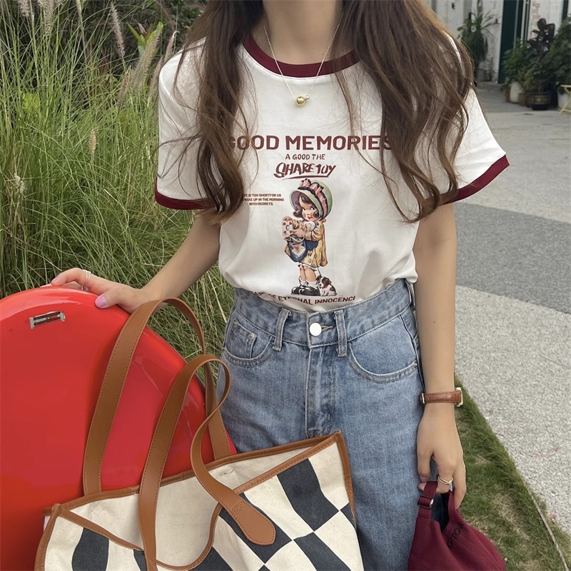 夏季撞色短袖T恤女2025新款宽松学生拼色ins棉质趣味印花上衣