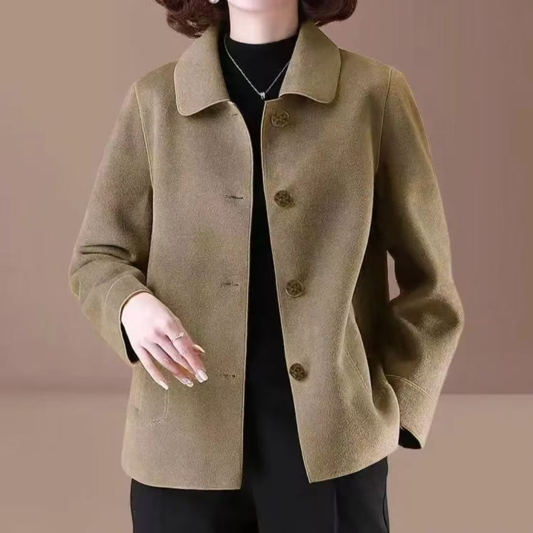 洋气春秋新款双面绒双面呢妈妈装外套翻领短款大衣毛呢短外套中年