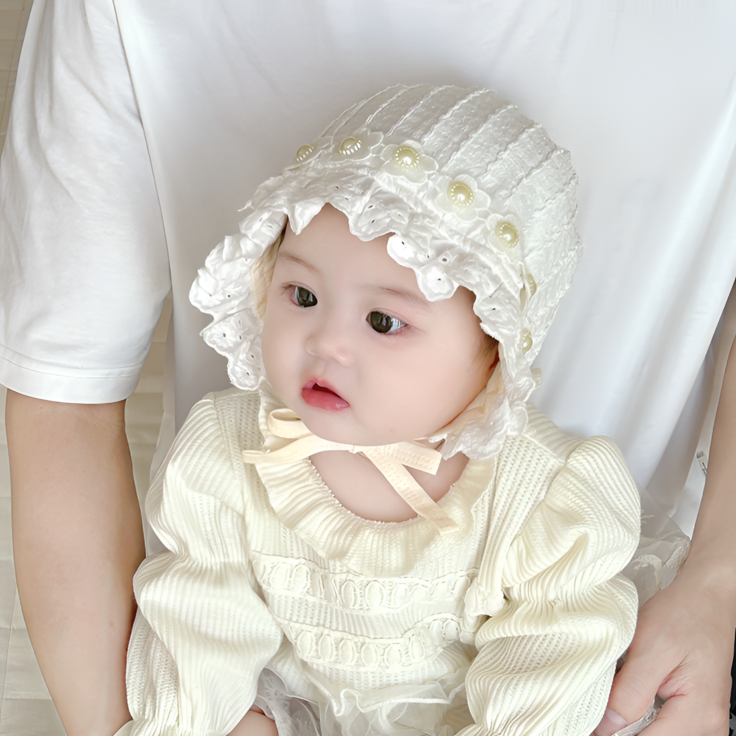 女宝宝公主帽春秋季花边珍珠韩系婴儿帽子包头护耳帽女童出游防风