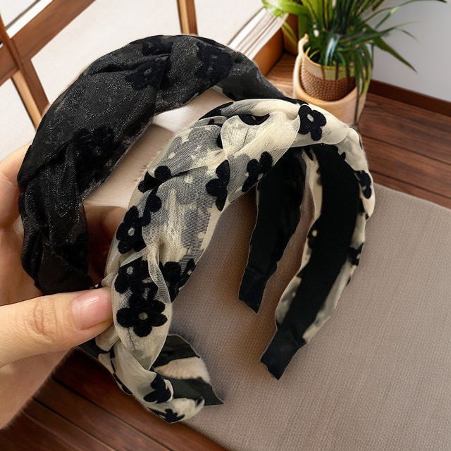 2024网红高级山茶花发箍女发卡发饰宽边花朵欧根纱编织高颅顶头箍