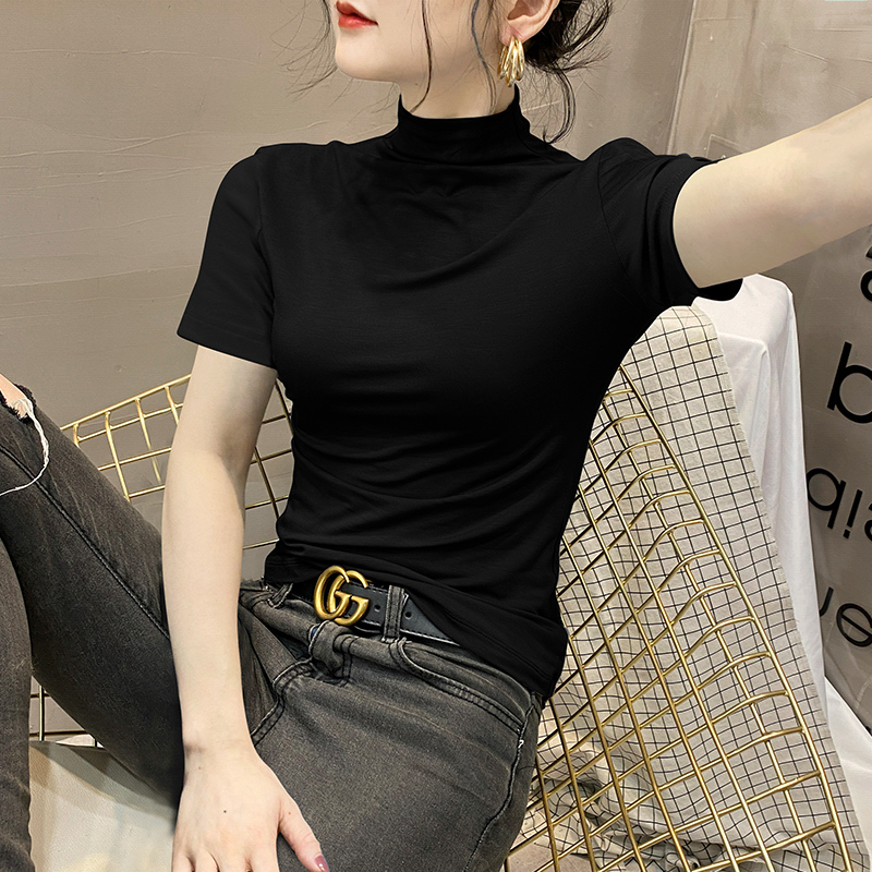 半高领莫代尔短袖打底衫女春夏百搭T恤2024修身半袖紧身黑色上衣