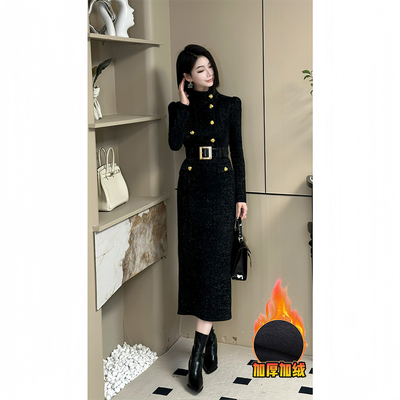 格娜法式秋冬高品质新款半高领细闪显瘦气质中长款高腰打底连衣裙