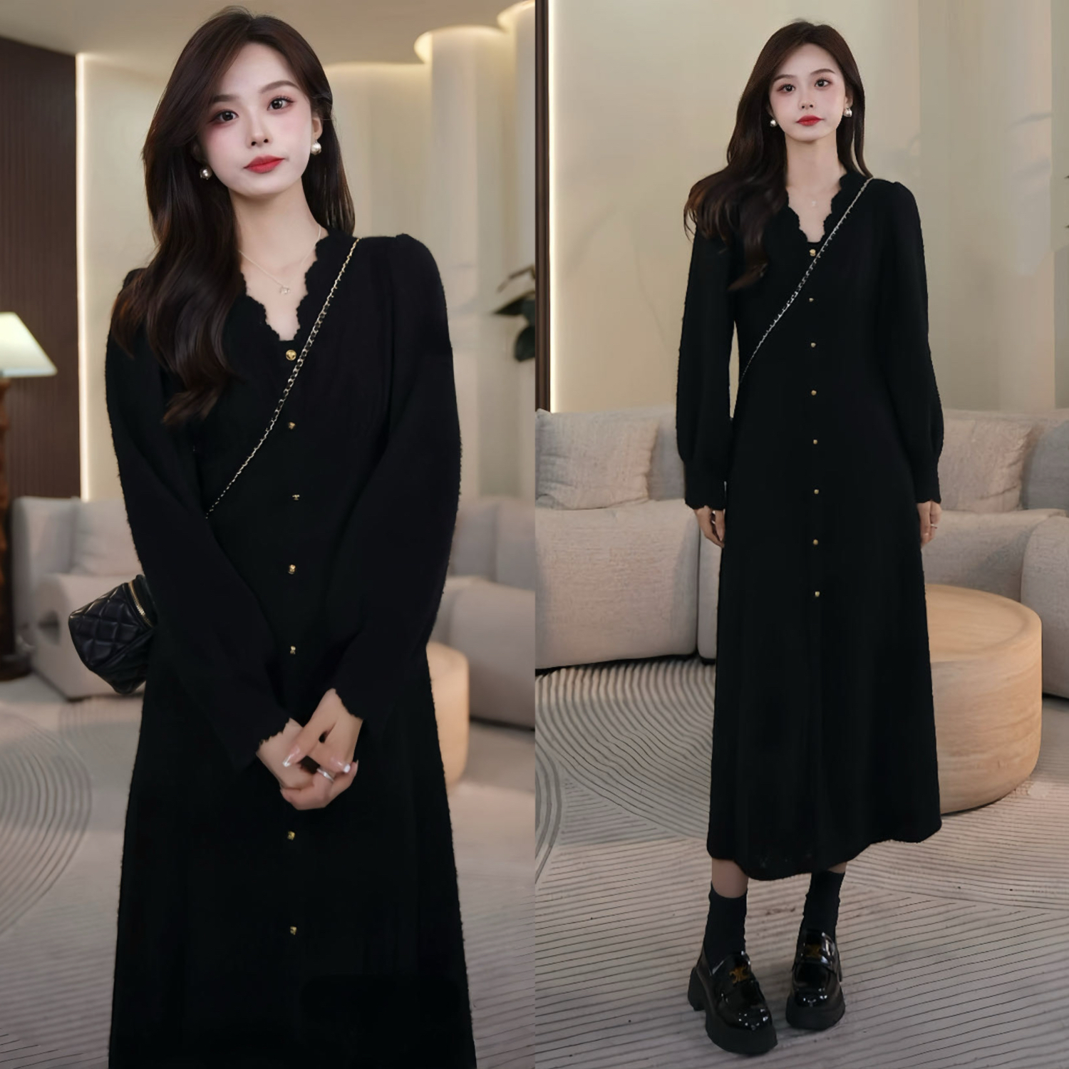 2024秋冬新款法式赫本风时尚纯色百搭收腰V领长袖设计款连衣裙