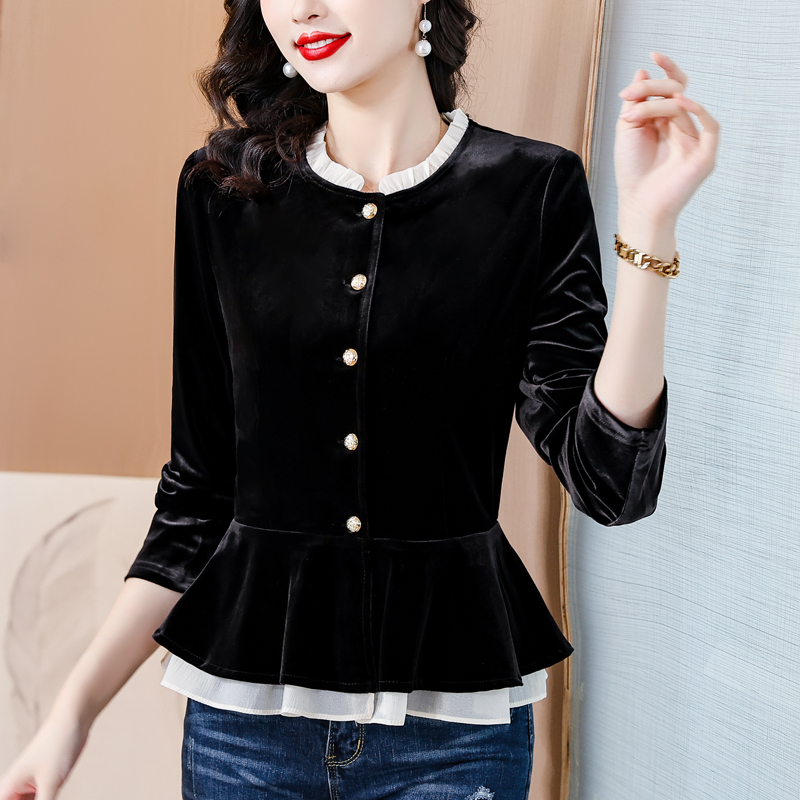 2025秋冬新款黑色大码丝绒气质百搭收腰开衫衬衫