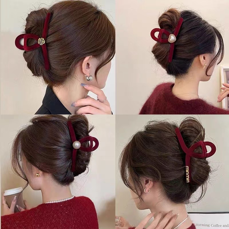 红色丝绒13cm大抓夹过年必备2024秋冬新款后脑勺鲨鱼气质夹子发饰