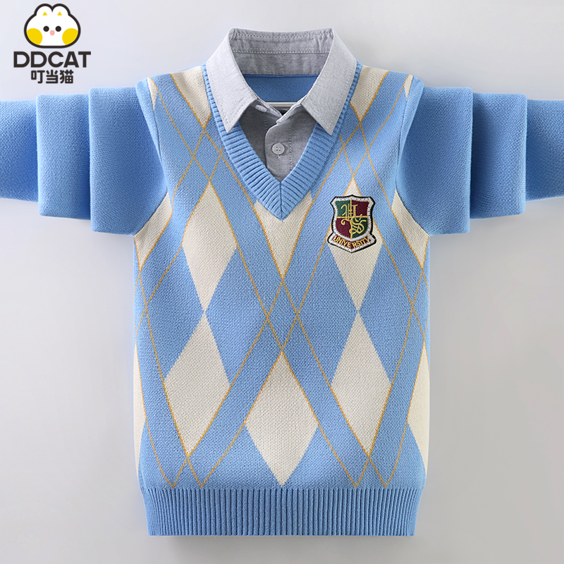 叮当猫男童毛衣假两件秋冬装2025新款洋气中大童纯棉加绒针织衫潮