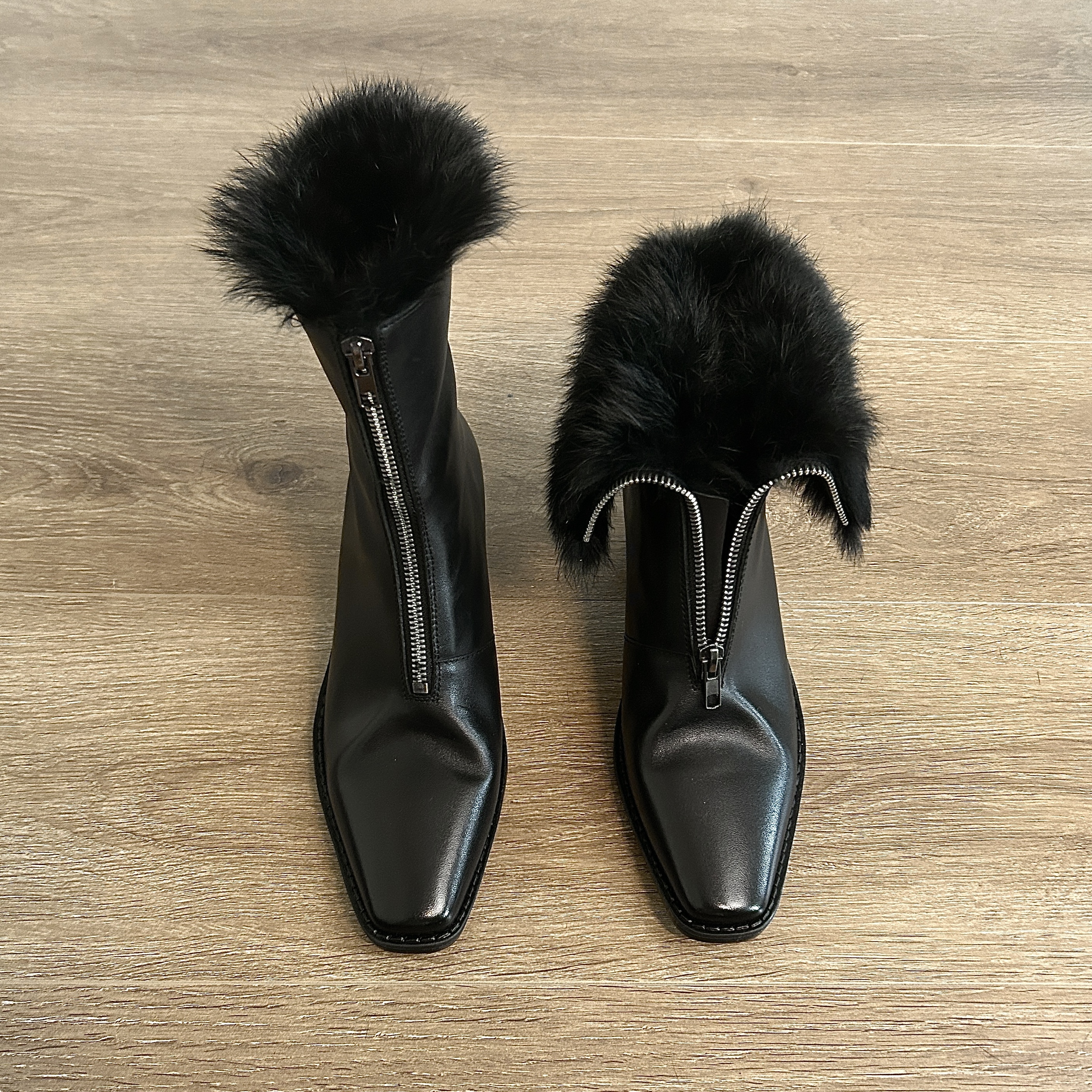 Dannyfrey 高定法式复古真皮兔毛毛短靴新款粗跟中跟鞋子气质