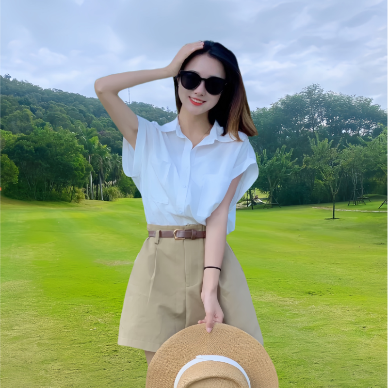 2025年夏季短袖飞飞袖衬衫高腰阔腿短裤小个子休闲时尚百搭衬衣女