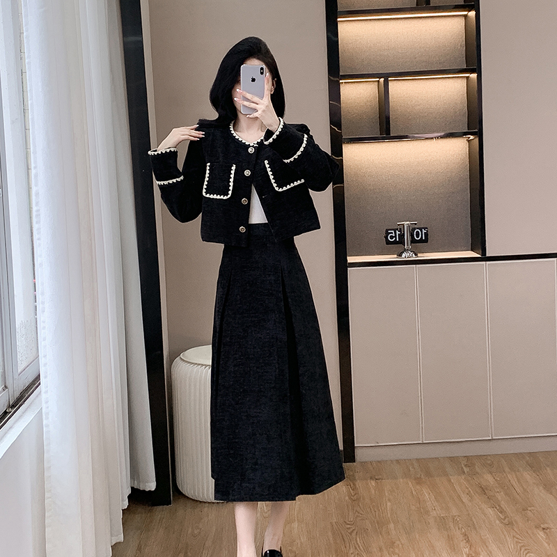 2024秋冬新款高级感小香风外套+高腰半身裙时尚气质两件套小个子