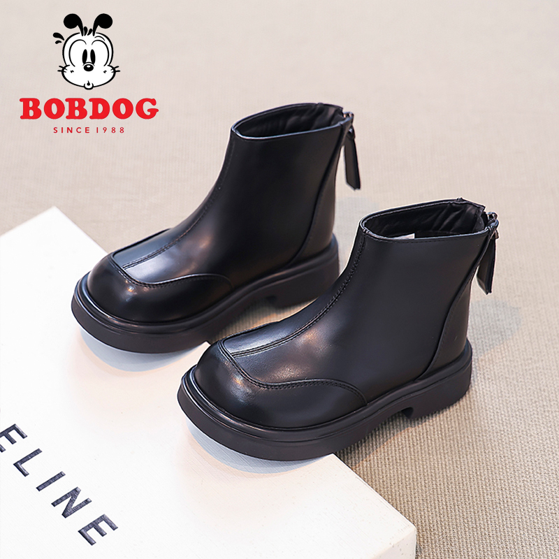 巴布豆女童靴子儿童马丁靴短靴2025新款秋冬加绒保暖皮靴宝宝靴子