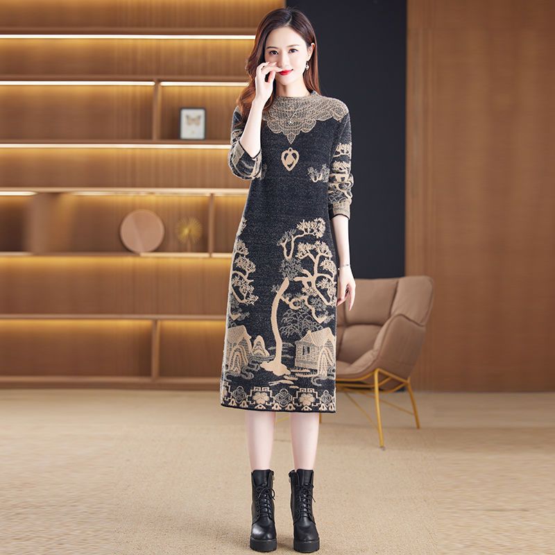 仿水貂加厚保暖连衣裙中长款显瘦毛衣裙提花女外穿毛衣宽松打底衫