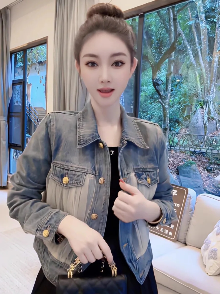 2025春秋新款韩版网纱拼接牛仔外套女高级感单排金属扣长袖上衣潮