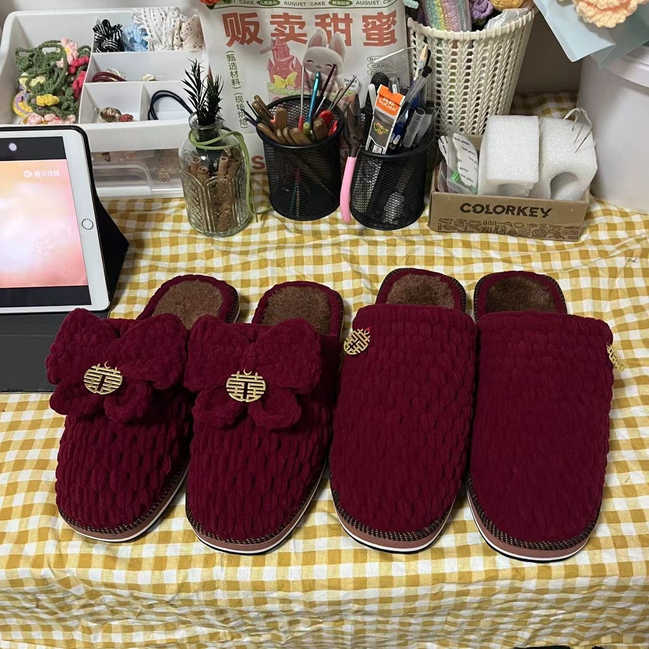 【成品】纯手工钩织喜庆婚鞋秋冬钩针粗毛线棉拖酒红色款婚庆