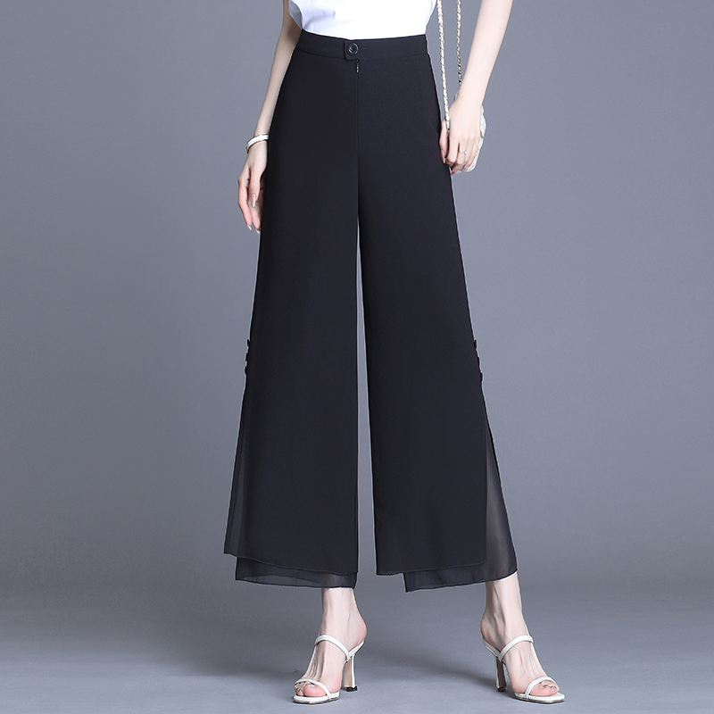 雪纺阔腿裤女夏季薄款2025新款开叉双层垂感高腰宽松直筒九分裤子