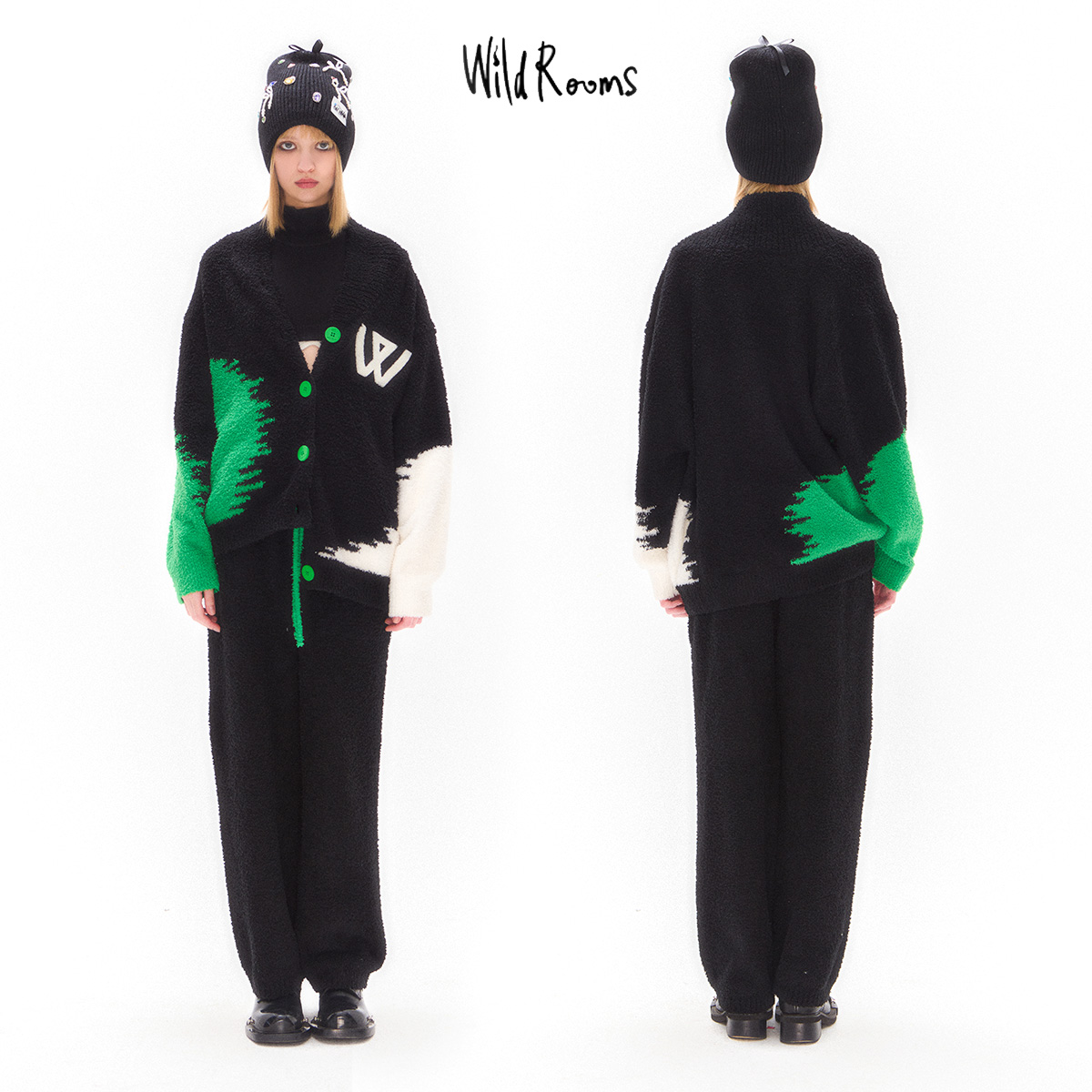 WildRooms秋冬设计师款半边绒潮流睡衣开衫家居服套装