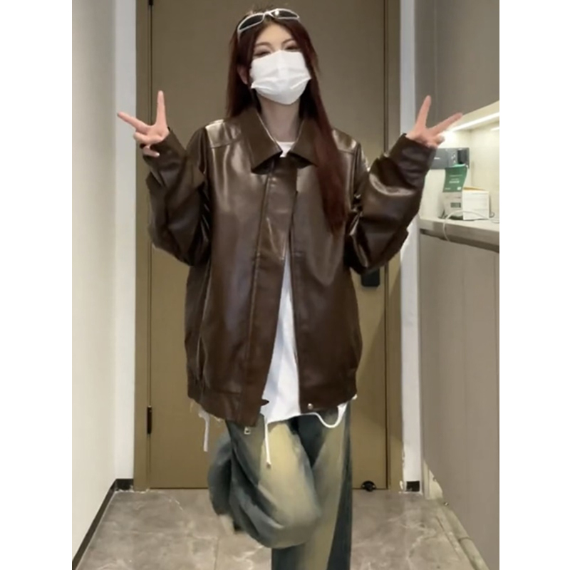 美拉德棕色皮衣外套男女春秋季美式复古街头vibe高街机车pu皮夹克