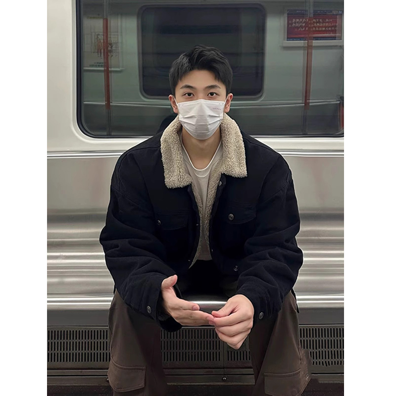 黑色加绒牛仔棉服男冬季羊羔绒毛领加厚夹克美式复古工装棉衣外套