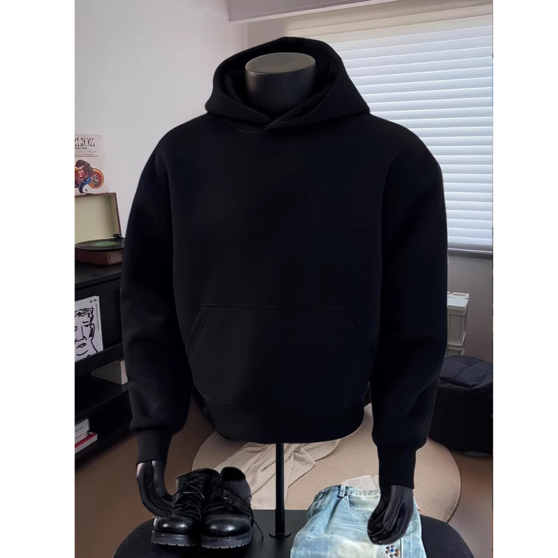 纯黑色cleanfit美式复古卫衣男款秋冬加绒重磅硬挺内搭连帽衫外套