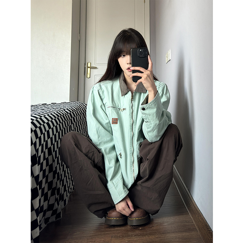 cleanfit底特律夹克春秋翻领撞色设计感vintage古着工装情侣外套