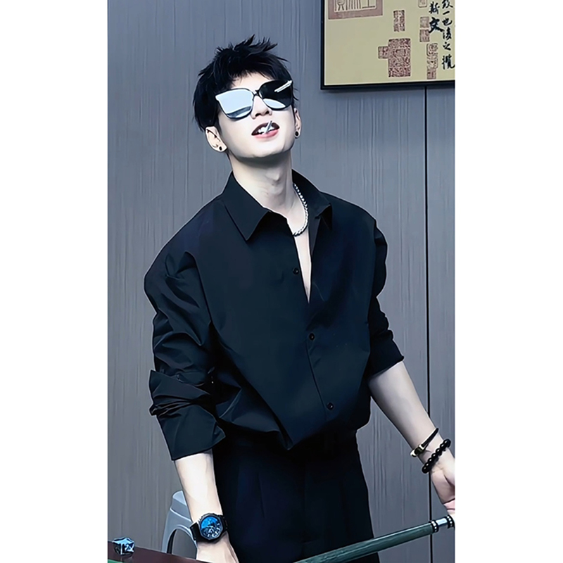 那不勒斯禁欲系衬衫男高级感英伦雅痞冰丝外套潮牌痞帅长袖衬衣夏