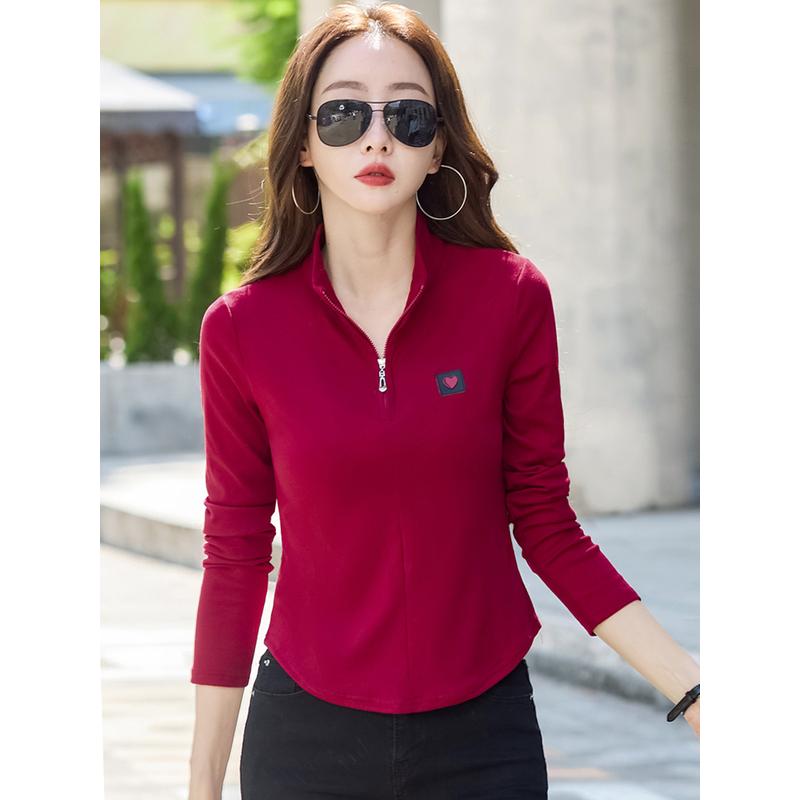 拉链半高领打底衫女2024早秋季新款95纯棉修身内搭长袖t恤短款