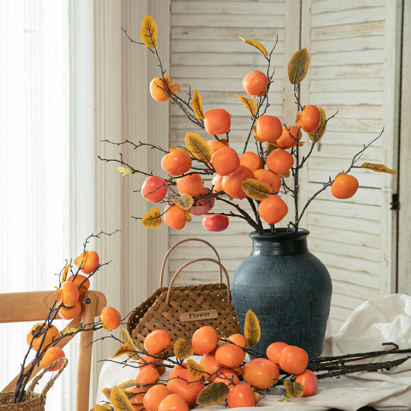 柿柿如意仿真花柿子果树枝客厅装饰假花摆设高枝插花花束软装摆件