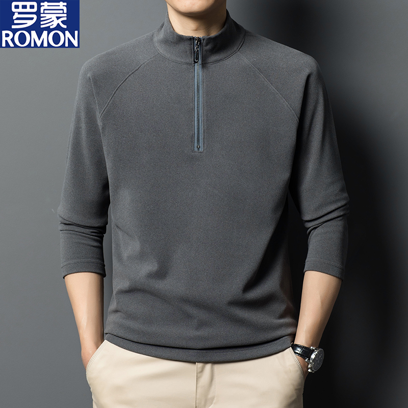 罗蒙春秋男士长袖t恤高档双面绒纯色卫衣男装半高领拉链打底衫T恤