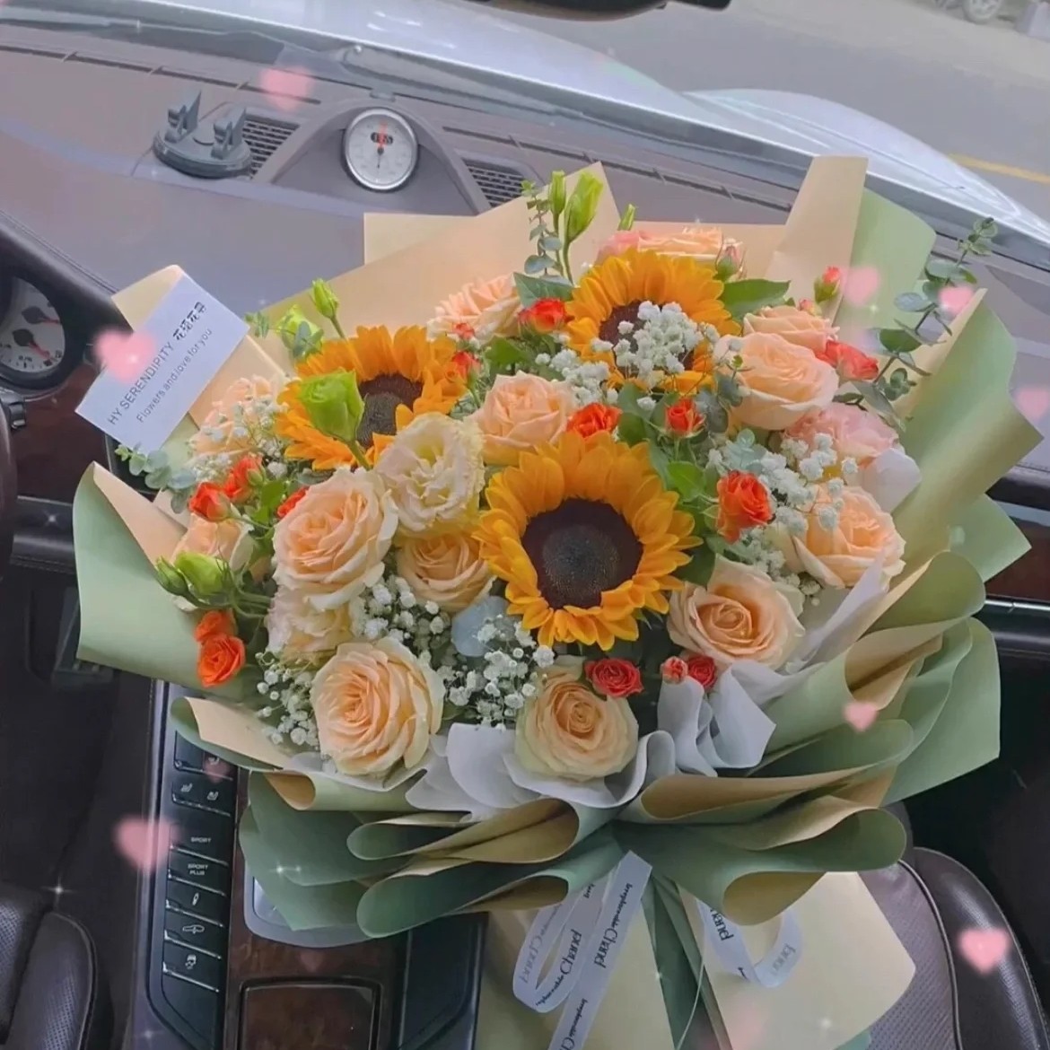 【美丽公主】向日葵香槟玫瑰混搭花束送客户送朋友闺蜜生日礼物