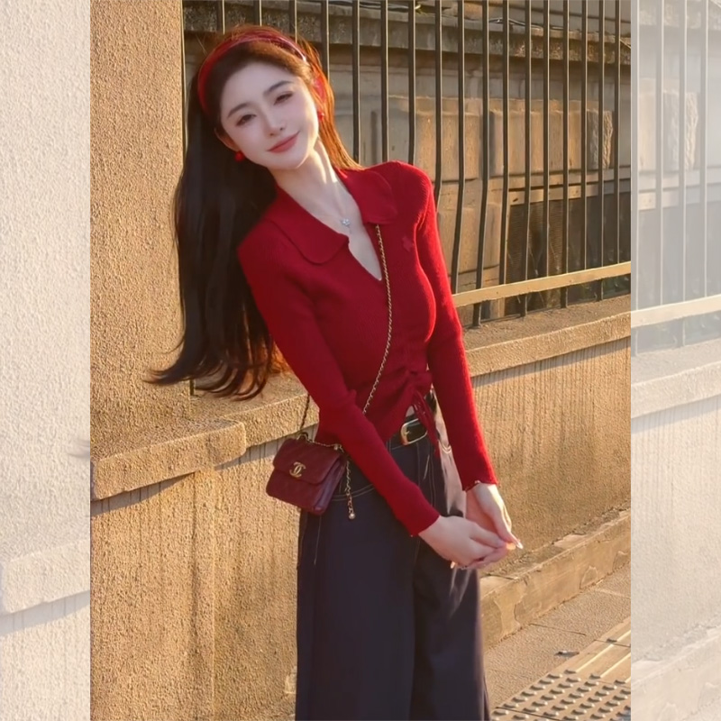 法式红色Polo领翻领长袖针织衫女秋季v领紧身修身毛衣打底衫上衣