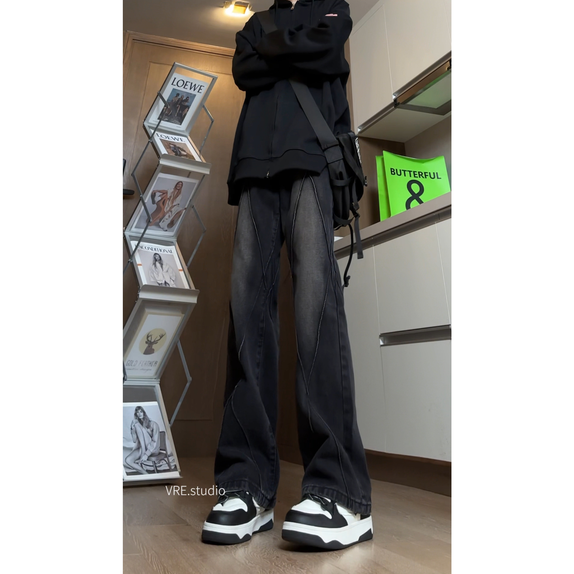 美式高街复古拼接分割微喇牛仔裤男宽松显瘦百搭休闲ins潮牌长裤