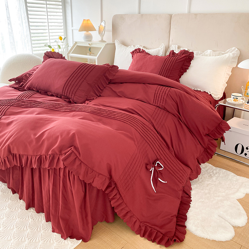 韩式纯色公主风四件套韩版夹棉床裙非全棉纯棉三件套荷叶边被套