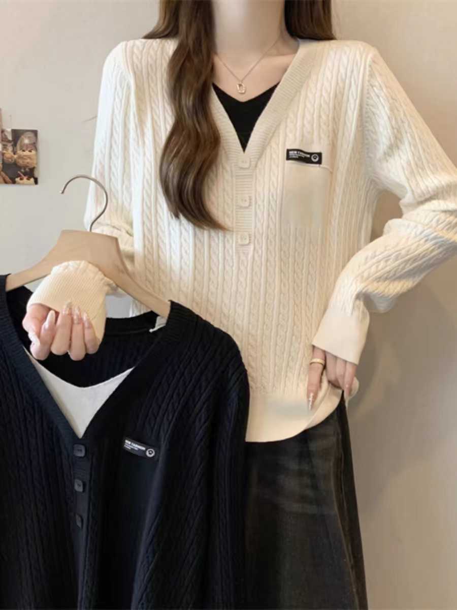 1001大码女装秋冬假两件遮肚V领毛衣女胖mm显瘦内搭打底针织衫女
