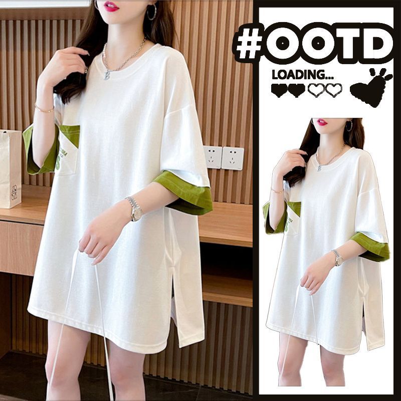 短袖恤女新款夏季宽松洋气中长款大码减龄拼色设计感体恤上衣