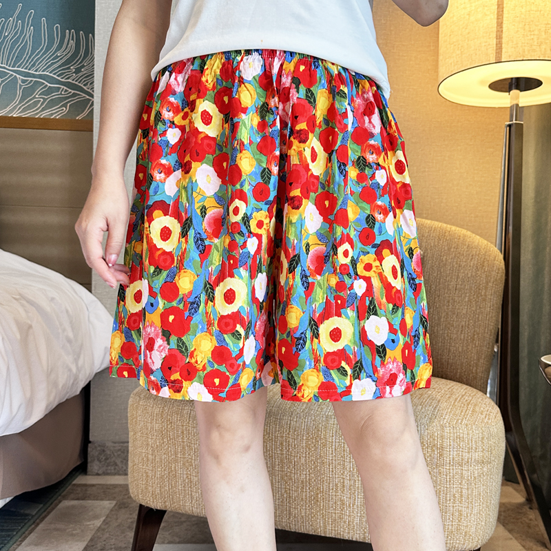 夏季棉绸睡裤女短裤薄碎花人造棉休闲宽松五分裤沙滩裤大码家居裤