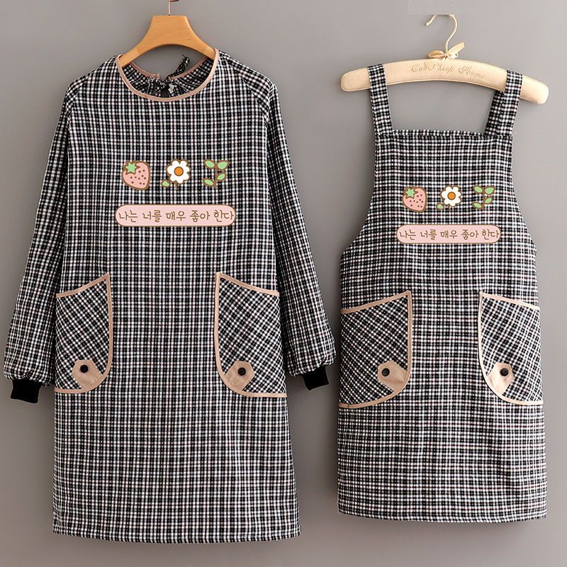 新款长袖围裙防污透气家用厨房做饭罩衣女工作服带袖大人围腰