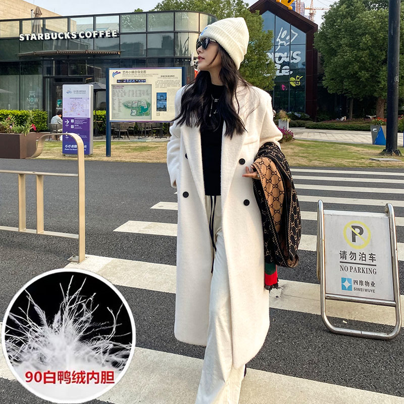 白色大衣女中长款2025冬季小个子90白鸭绒内胆加厚高级感毛呢外套