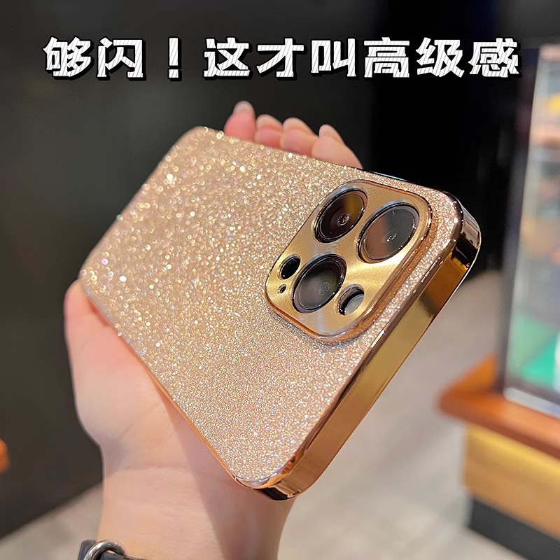 电镀星钻闪粉苹果15手机壳iphone16磨砂14全包13保护金色轻奢高级