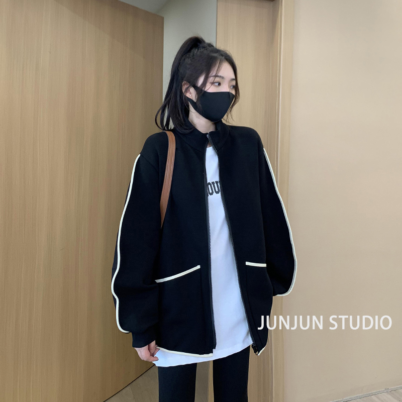 春秋韩版宽松百搭休闲撞色边慵懒风开衫外套洋气衣服女