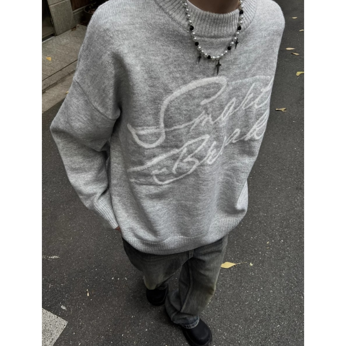 美式复古中性风字母圆领长袖毛衣男女生春秋季宽松百搭套头针织衫