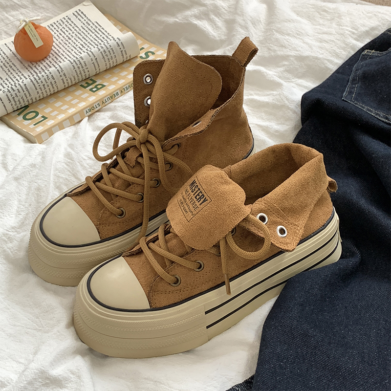 2025秋冬加绒高低帮两穿帆布鞋女鞋ins小众潮鞋增高厚底学生板鞋