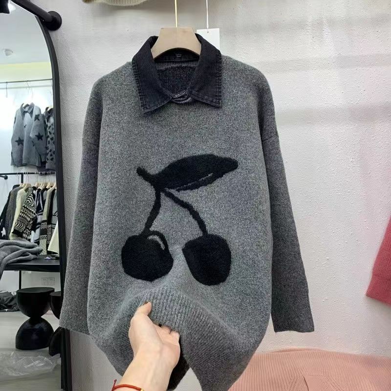 灰色套头樱桃毛衣2024秋冬宽松中长款慵懒针织衫加厚上衣高档打底