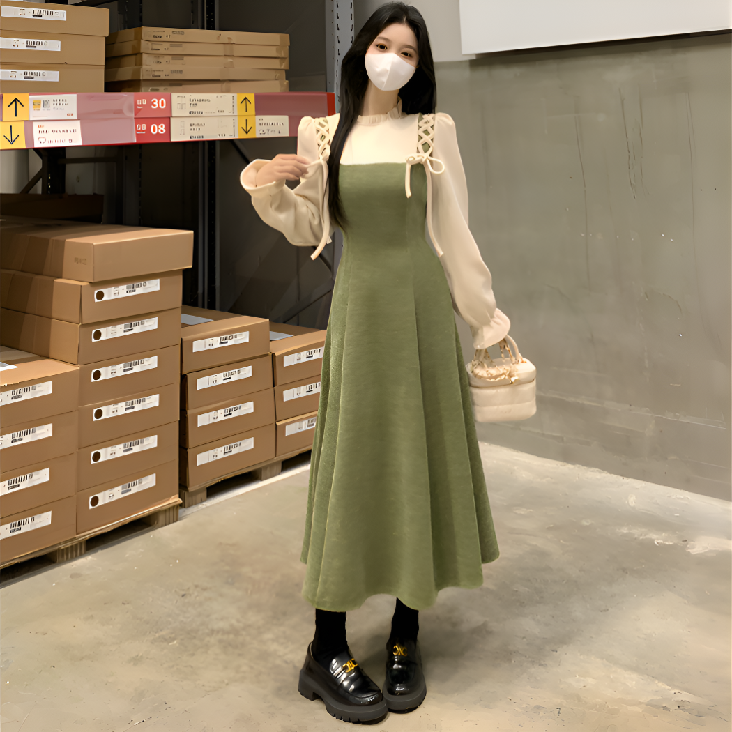 新款微胖法式假两件木耳边领胖妹妹长裙绿色复古系带收腰连衣裙