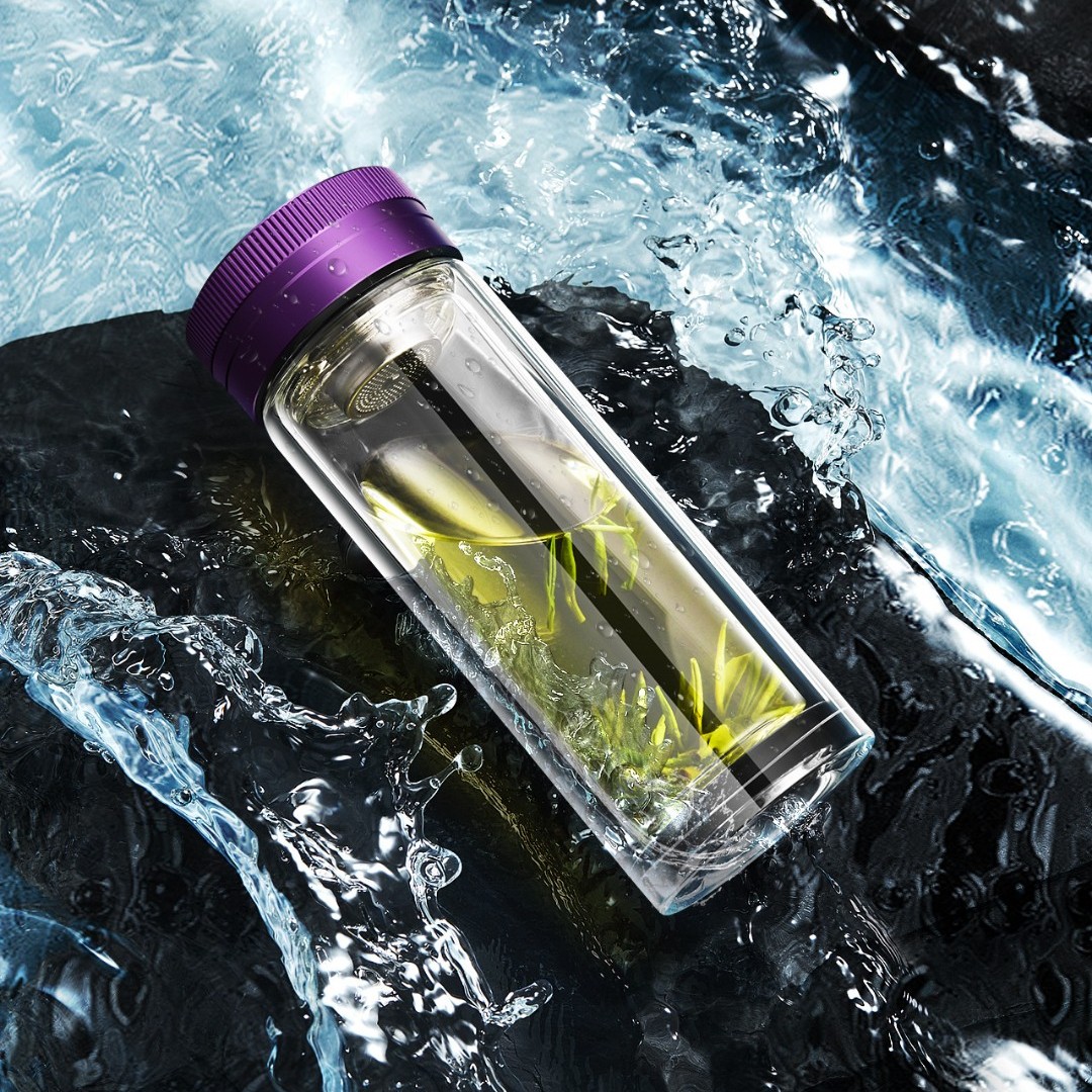 折言带盖双层泡茶杯便携车载玻璃杯男女透明隔热防烫高颜值水杯子