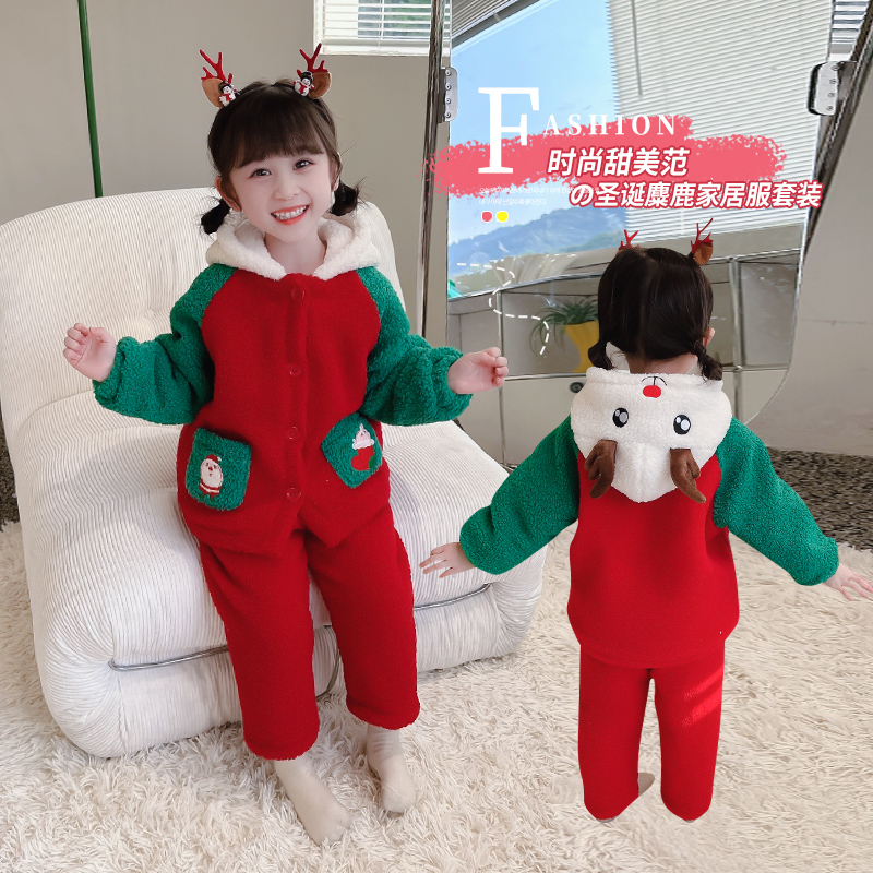 儿童睡衣冬季三层夹棉加绒加厚款女童毛毛衣小女孩家居服套装卡通