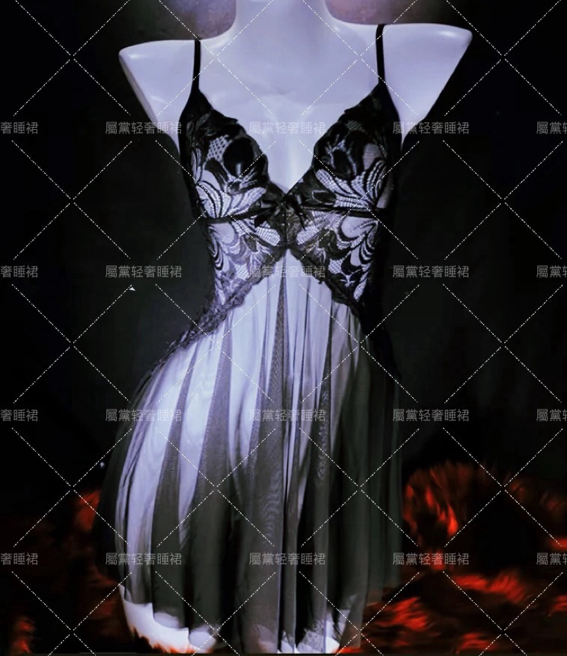 【含情脉脉】吊带深V蕾丝网纱透明性感睡裙